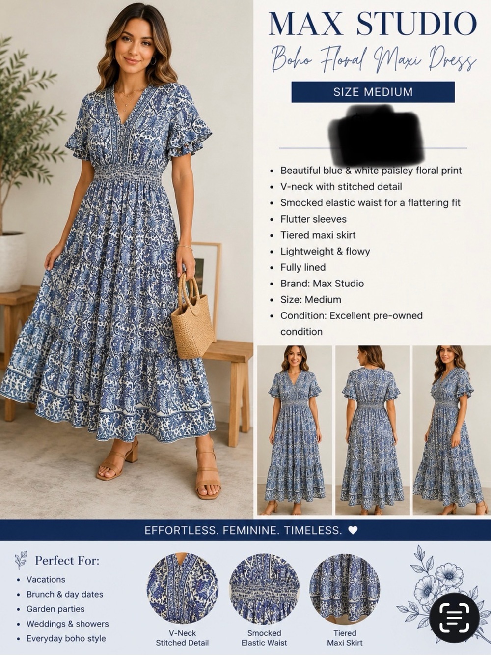 Max Studio Blue Paisley Boho Maxi Dress Medium